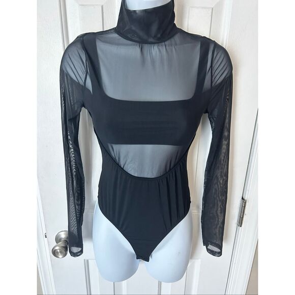 Forever 21 mesh long sleeve turtleneck black bodysuit size small tong - Picture 1 of 5